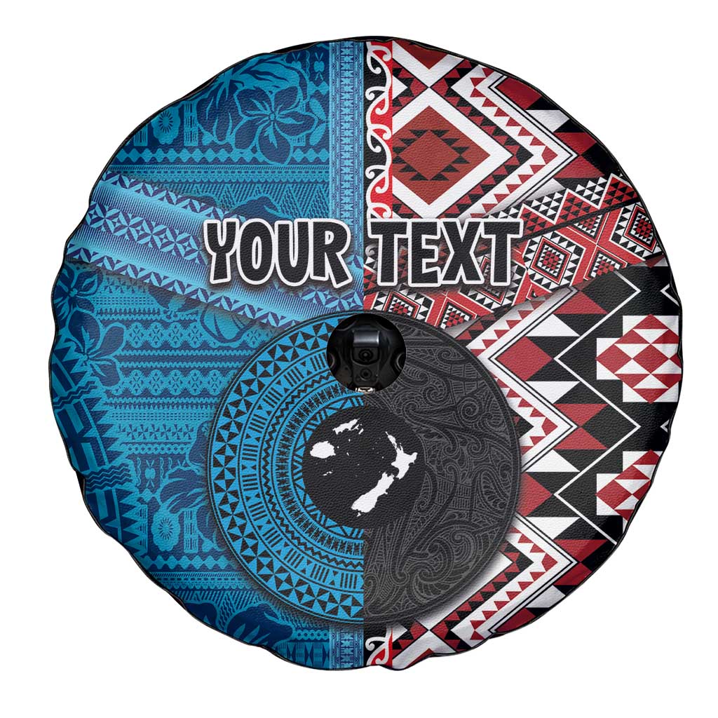 Personalised Aotearoa and Fiji Together Spare Tire Cover Melanesian Warrior and Koru - Taniko with Hibiscus Tapa Pattern
