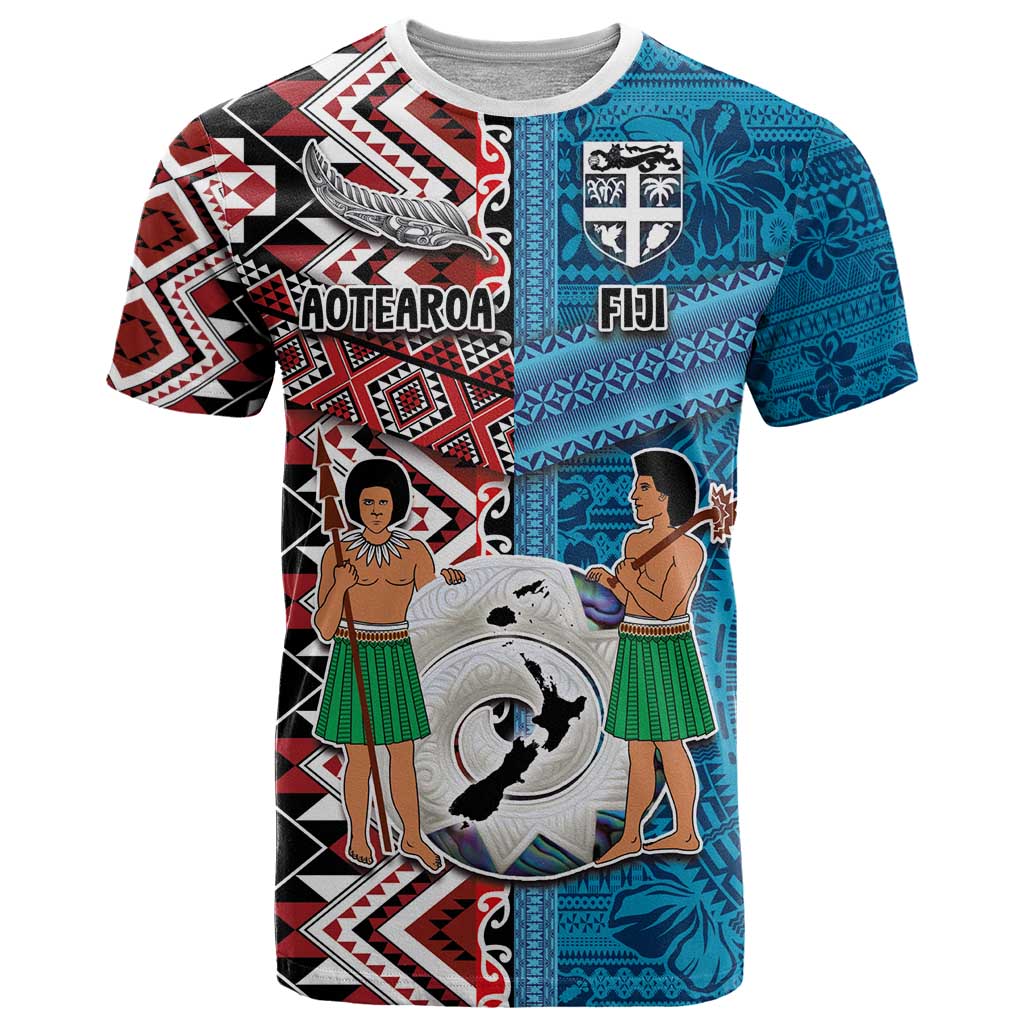 Personalised Aotearoa and Fiji Together T Shirt Melanesian Warrior and Koru - Taniko with Hibiscus Tapa Pattern