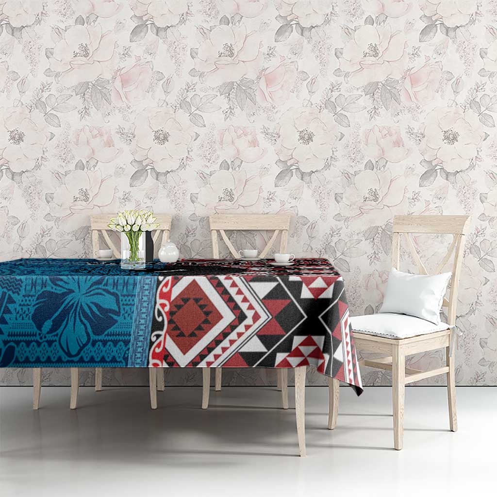 Personalised Aotearoa and Fiji Together Tablecloth Melanesian Warrior and Koru - Taniko with Hibiscus Tapa Pattern