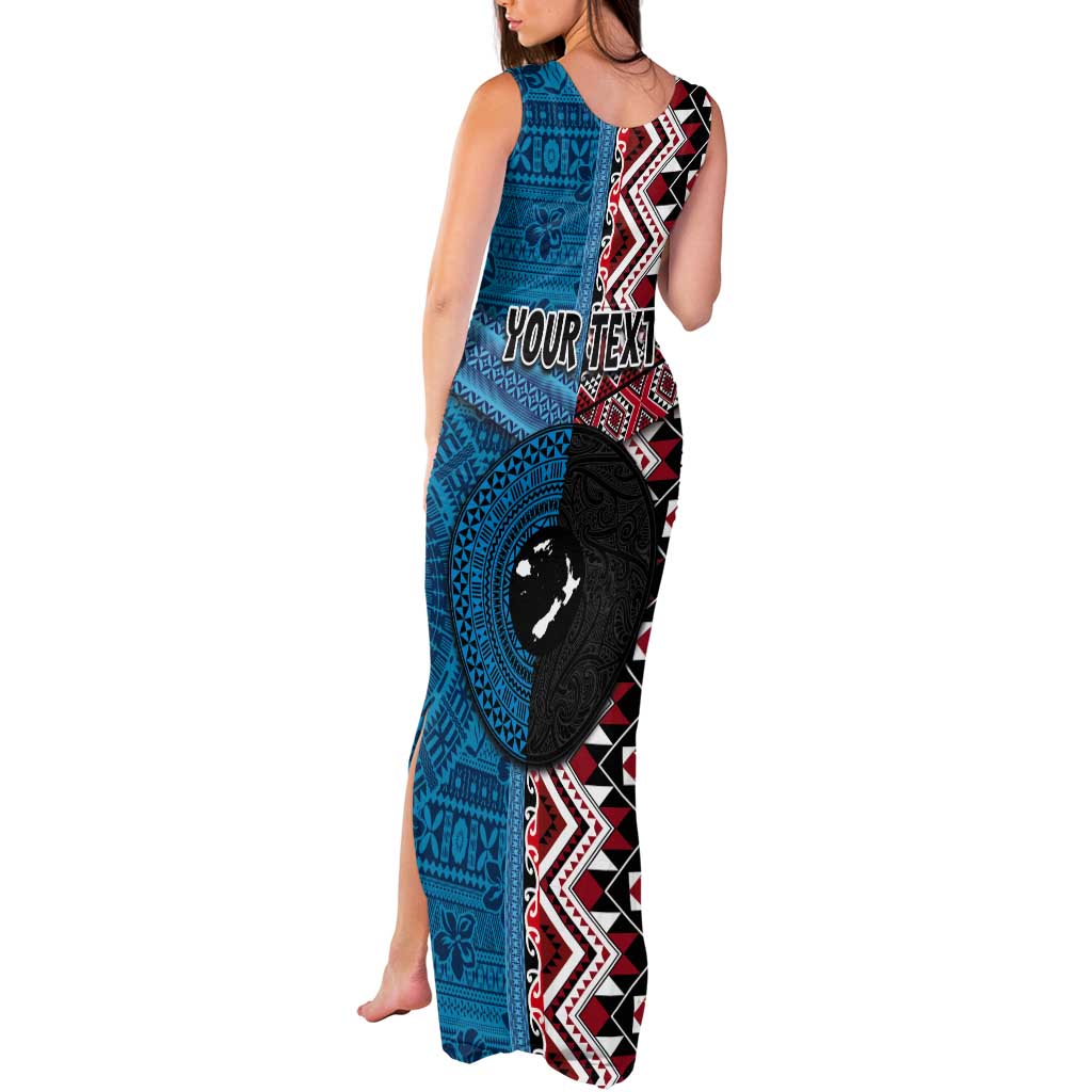 Personalised Aotearoa and Fiji Together Tank Maxi Dress Melanesian Warrior and Koru - Taniko with Hibiscus Tapa Pattern
