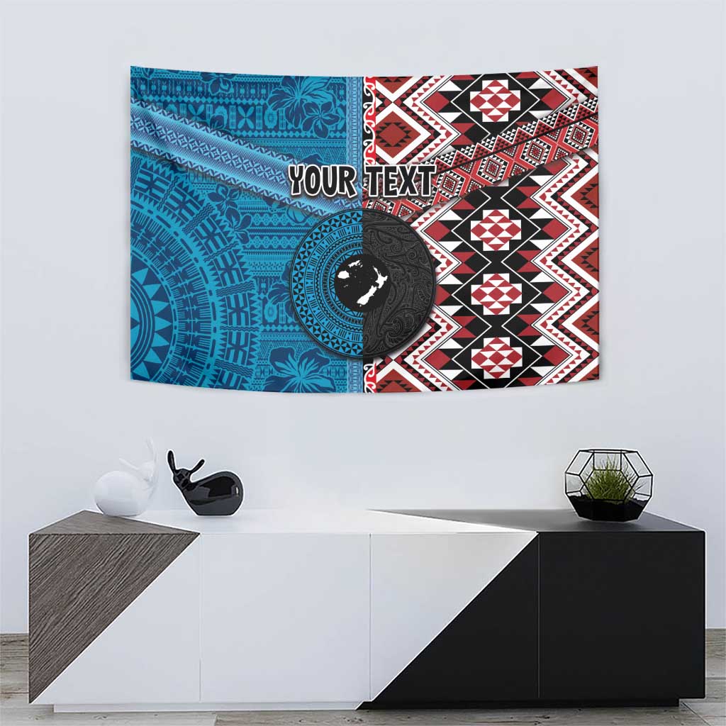 Personalised Aotearoa and Fiji Together Tapestry Melanesian Warrior and Koru - Taniko with Hibiscus Tapa Pattern