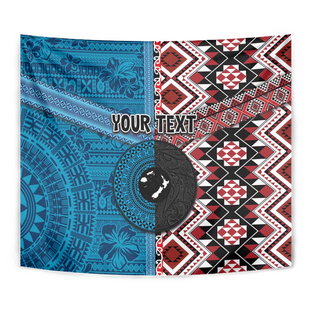 Personalised Aotearoa and Fiji Together Tapestry Melanesian Warrior and Koru - Taniko with Hibiscus Tapa Pattern