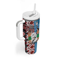 Personalised Aotearoa and Fiji Together Tumbler With Handle Melanesian Warrior and Koru - Taniko with Hibiscus Tapa Pattern
