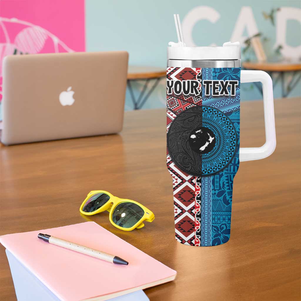 Personalised Aotearoa and Fiji Together Tumbler With Handle Melanesian Warrior and Koru - Taniko with Hibiscus Tapa Pattern