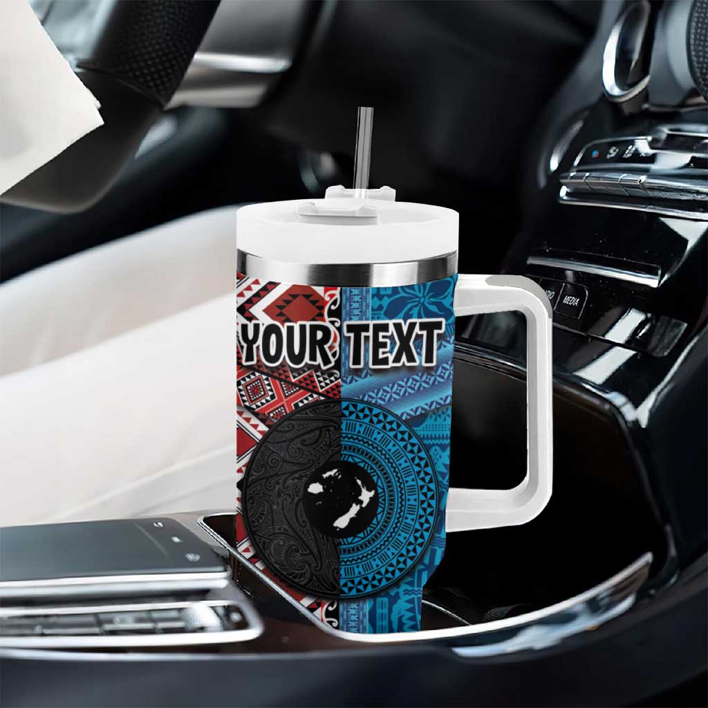 Personalised Aotearoa and Fiji Together Tumbler With Handle Melanesian Warrior and Koru - Taniko with Hibiscus Tapa Pattern