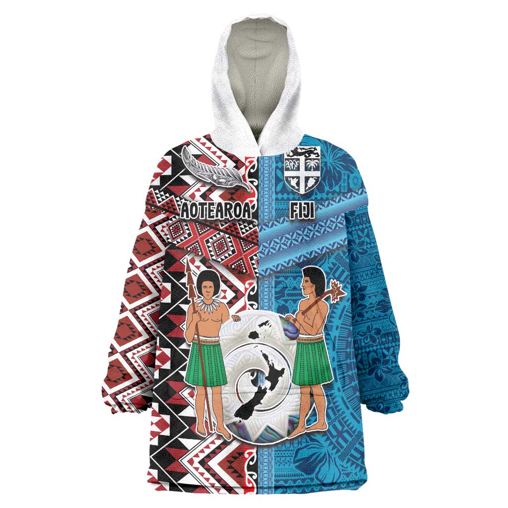 Personalised Aotearoa and Fiji Together Wearable Blanket Hoodie Melanesian Warrior and Koru - Taniko with Hibiscus Tapa Pattern