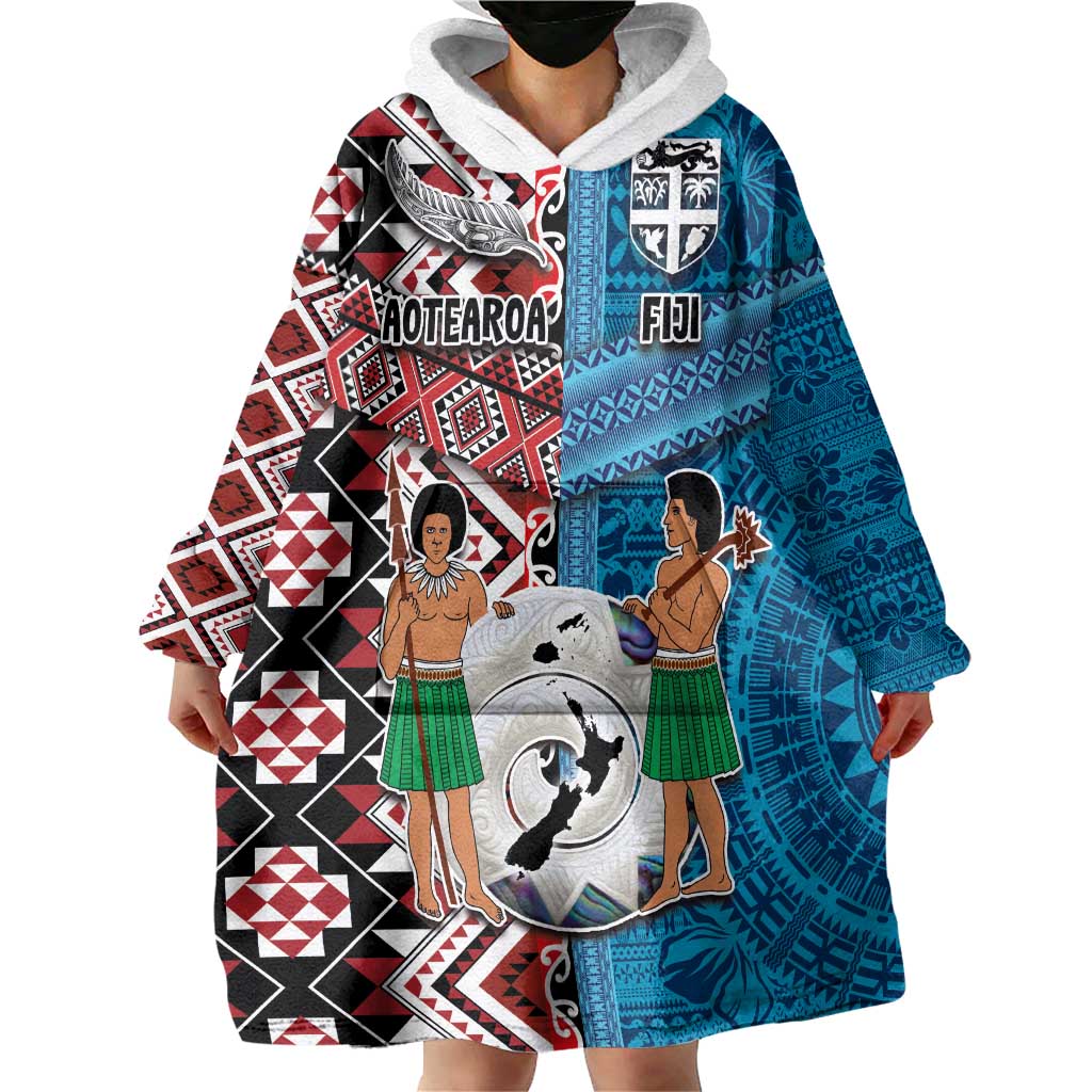 Personalised Aotearoa and Fiji Together Wearable Blanket Hoodie Melanesian Warrior and Koru - Taniko with Hibiscus Tapa Pattern