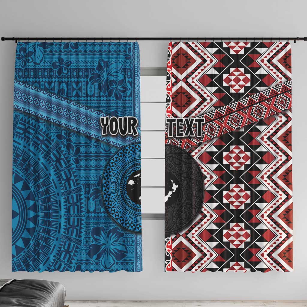 Personalised Aotearoa and Fiji Together Window Curtain Melanesian Warrior and Koru - Taniko with Hibiscus Tapa Pattern