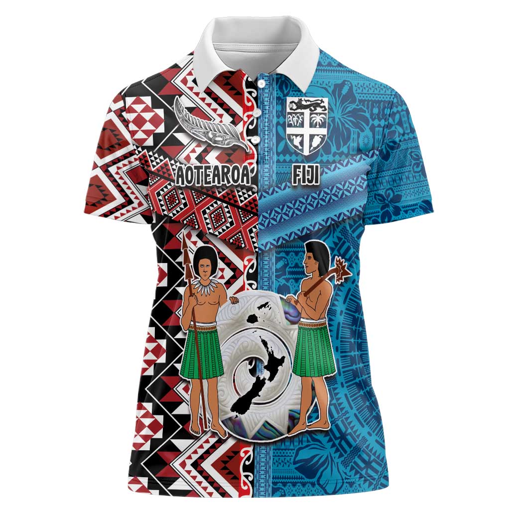 Personalised Aotearoa and Fiji Together Women Polo Shirt Melanesian Warrior and Koru - Taniko with Hibiscus Tapa Pattern