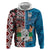 Personalised Aotearoa and Fiji Together Zip Hoodie Melanesian Warrior and Koru - Taniko with Hibiscus Tapa Pattern