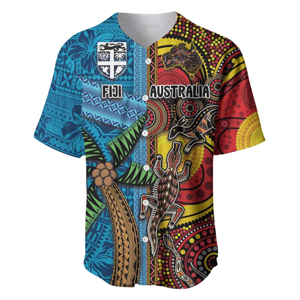 Personalised Australia and Fiji Together Baseball Jersey Tribal Palm Tree with Tapa and Aboriginal Animals Half Style
