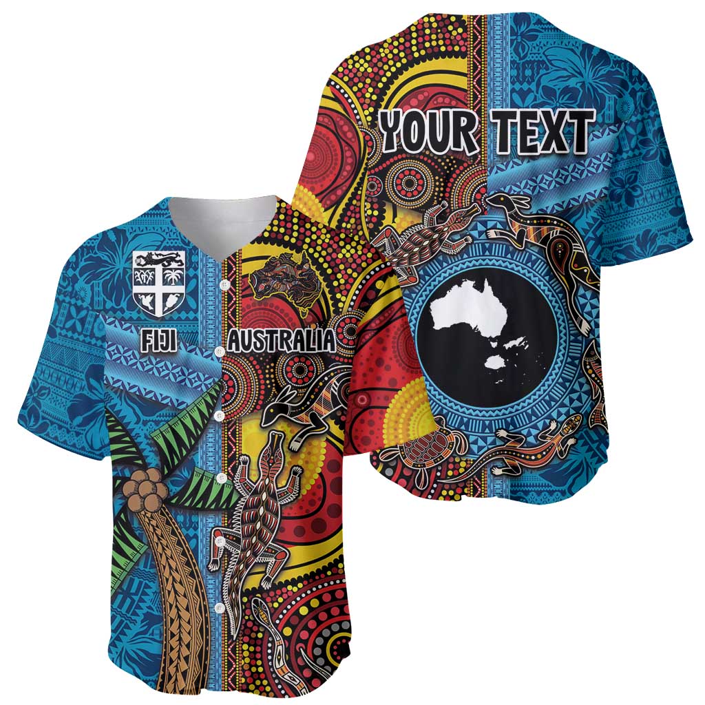 Personalised Australia and Fiji Together Baseball Jersey Tribal Palm Tree with Tapa and Aboriginal Animals Half Style