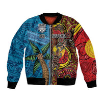 Personalised Australia and Fiji Together Bomber Jacket Tribal Palm Tree with Tapa and Aboriginal Animals Half Style