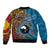 Personalised Australia and Fiji Together Bomber Jacket Tribal Palm Tree with Tapa and Aboriginal Animals Half Style