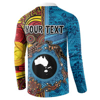 Personalised Australia and Fiji Together Button Sweatshirt Tribal Palm Tree with Tapa and Aboriginal Animals Half Style