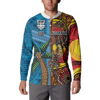 Personalised Australia and Fiji Together Button Sweatshirt Tribal Palm Tree with Tapa and Aboriginal Animals Half Style