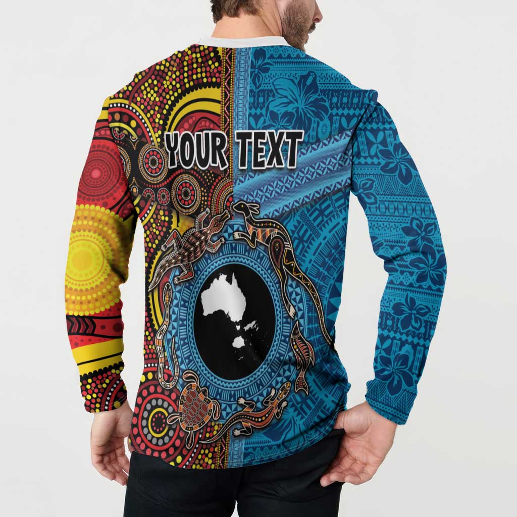 Personalised Australia and Fiji Together Button Sweatshirt Tribal Palm Tree with Tapa and Aboriginal Animals Half Style