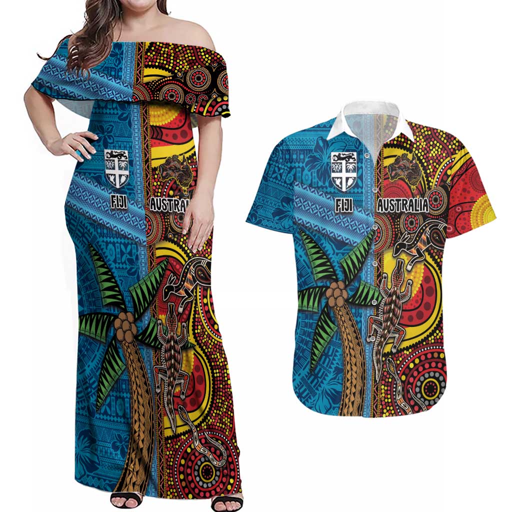 Personalised Australia and Fiji Together Couples Matching Off Shoulder Maxi Dress and Hawaiian Shirt Tribal Palm Tree with Tapa and Aboriginal Animals Half Style