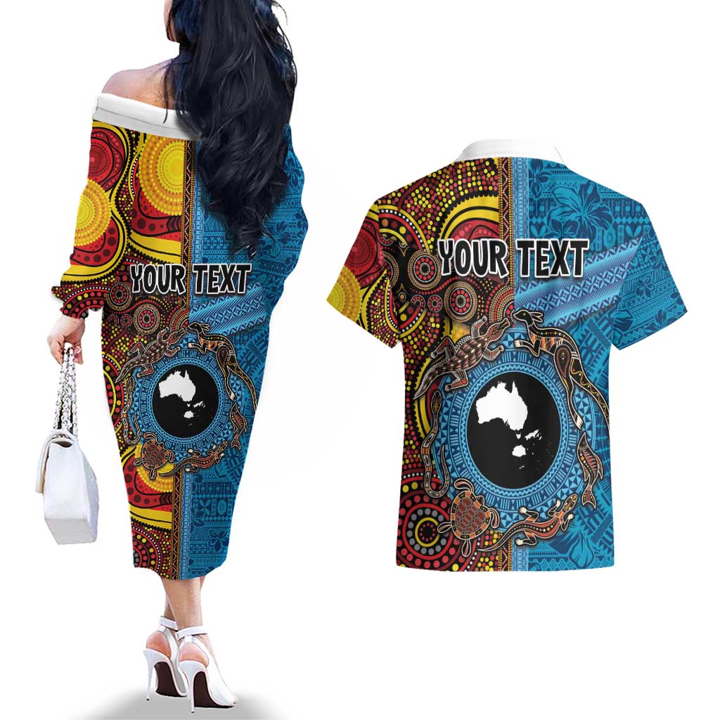 Personalised Australia and Fiji Together Couples Matching Off The Shoulder Long Sleeve Dress and Hawaiian Shirt Tribal Palm Tree with Tapa and Aboriginal Animals Half Style