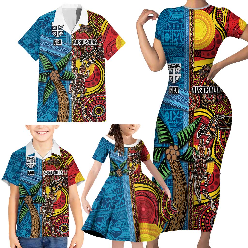 Personalised Australia and Fiji Together Family Matching Short Sleeve Bodycon Dress and Hawaiian Shirt Tribal Palm Tree with Tapa and Aboriginal Animals Half Style