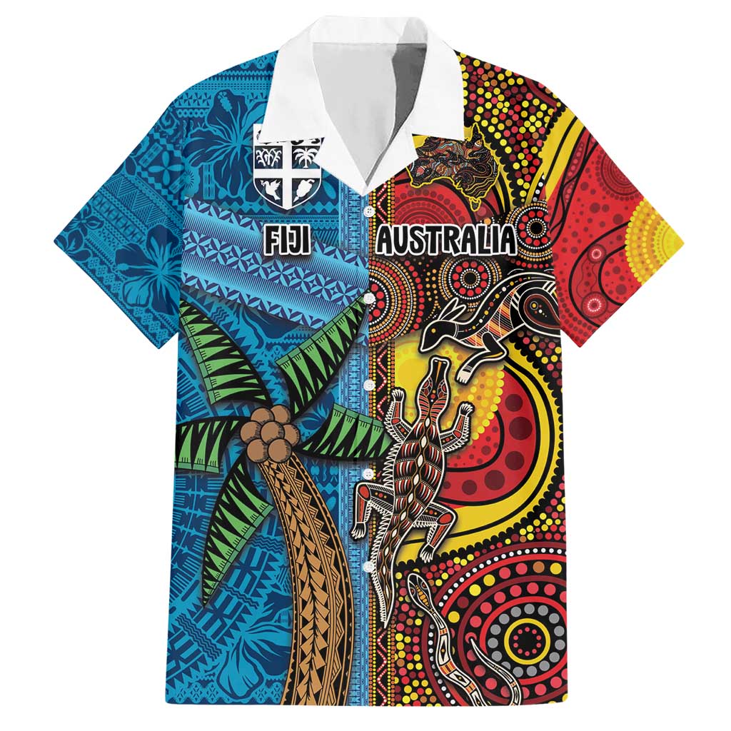 Personalised Australia and Fiji Together Hawaiian Shirt Tribal Palm Tree with Tapa and Aboriginal Animals Half Style