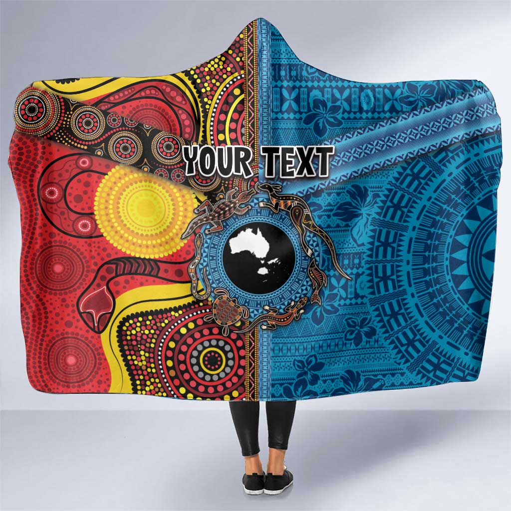 Personalised Australia and Fiji Together Hooded Blanket Tribal Palm Tree with Tapa and Aboriginal Animals Half Style