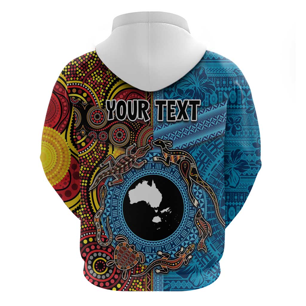 Personalised Australia and Fiji Together Hoodie Tribal Palm Tree with Tapa and Aboriginal Animals Half Style