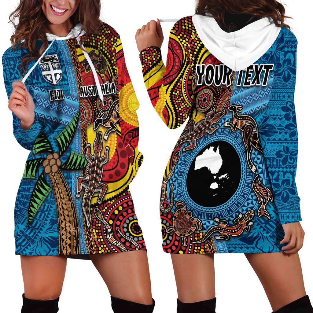 Personalised Australia and Fiji Together Hoodie Dress Tribal Palm Tree with Tapa and Aboriginal Animals Half Style