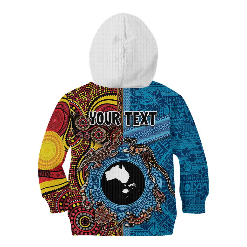 Personalised Australia and Fiji Together Kid Hoodie Tribal Palm Tree with Tapa and Aboriginal Animals Half Style