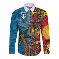 Personalised Australia and Fiji Together Long Sleeve Button Shirt Tribal Palm Tree with Tapa and Aboriginal Animals Half Style