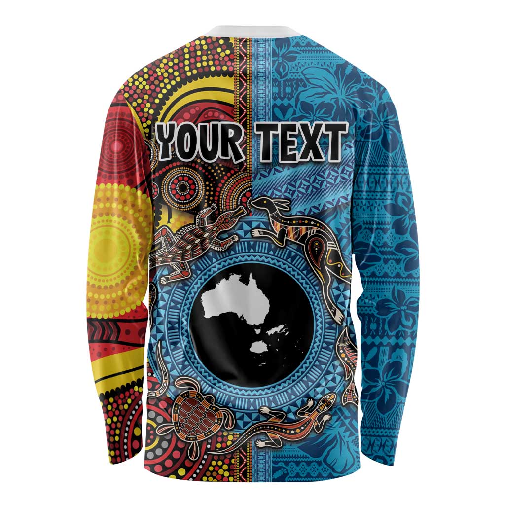 Personalised Australia and Fiji Together Long Sleeve Shirt Tribal Palm Tree with Tapa and Aboriginal Animals Half Style