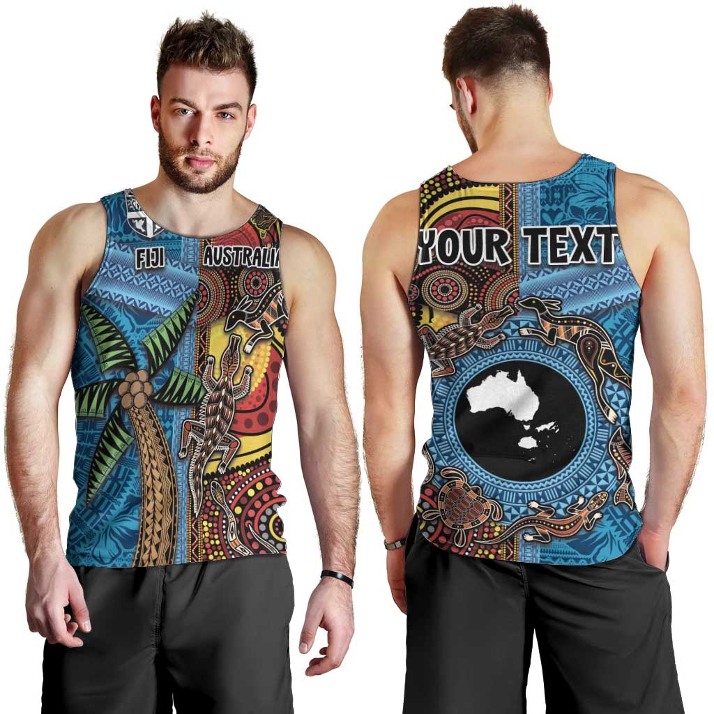 Personalised Australia and Fiji Together Men Tank Top Tribal Palm Tree with Tapa and Aboriginal Animals Half Style