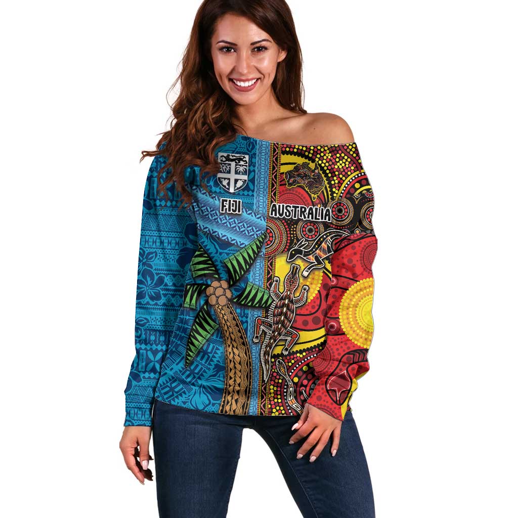 Personalised Australia and Fiji Together Off Shoulder Sweater Tribal Palm Tree with Tapa and Aboriginal Animals Half Style