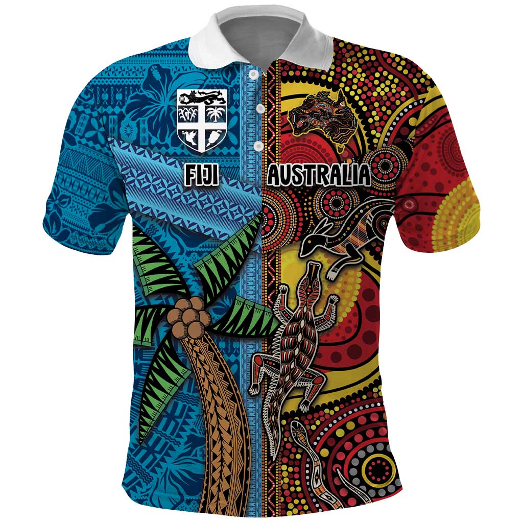 Personalised Australia and Fiji Together Polo Shirt Tribal Palm Tree with Tapa and Aboriginal Animals Half Style