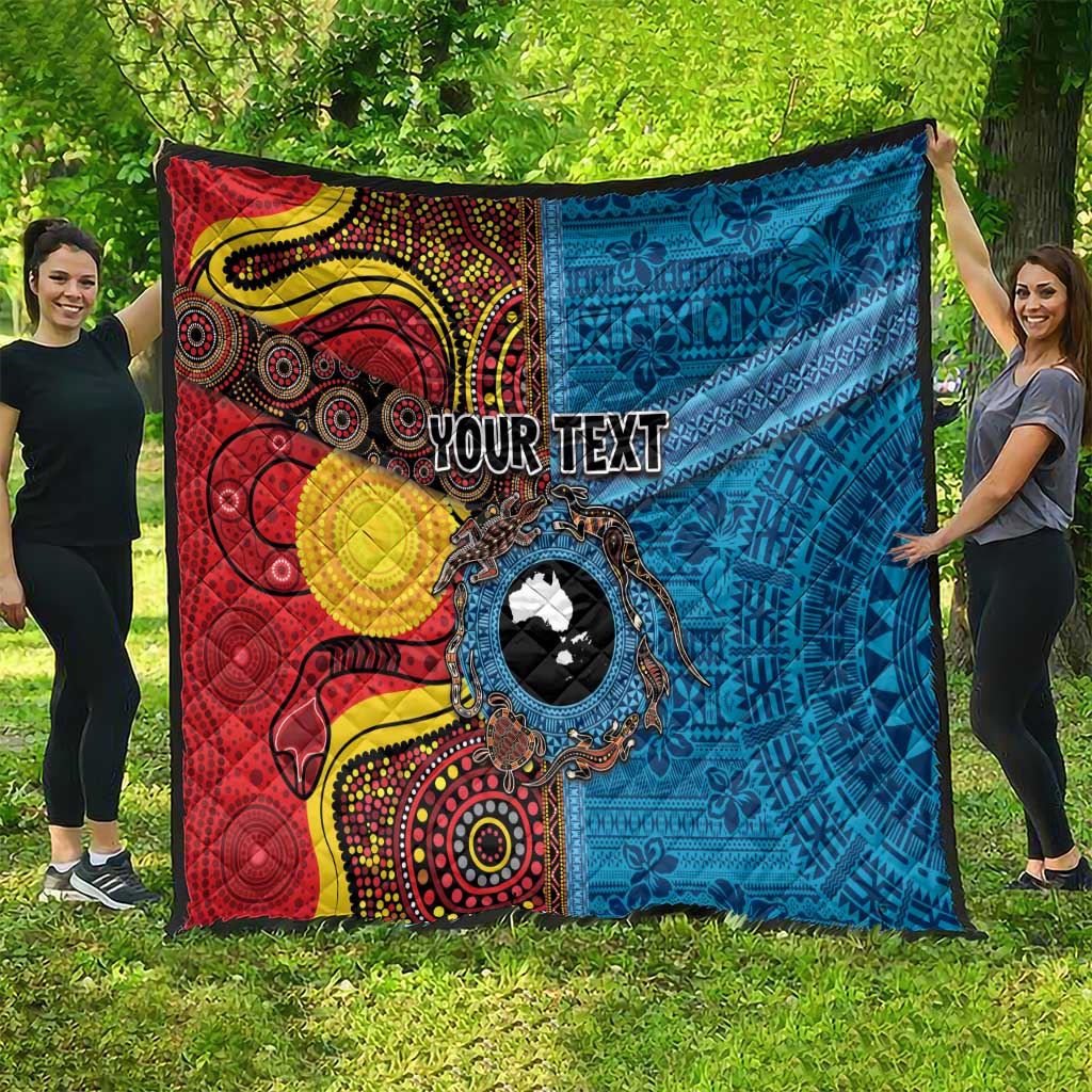 Personalised Australia and Fiji Together Quilt Tribal Palm Tree with Tapa and Aboriginal Animals Half Style