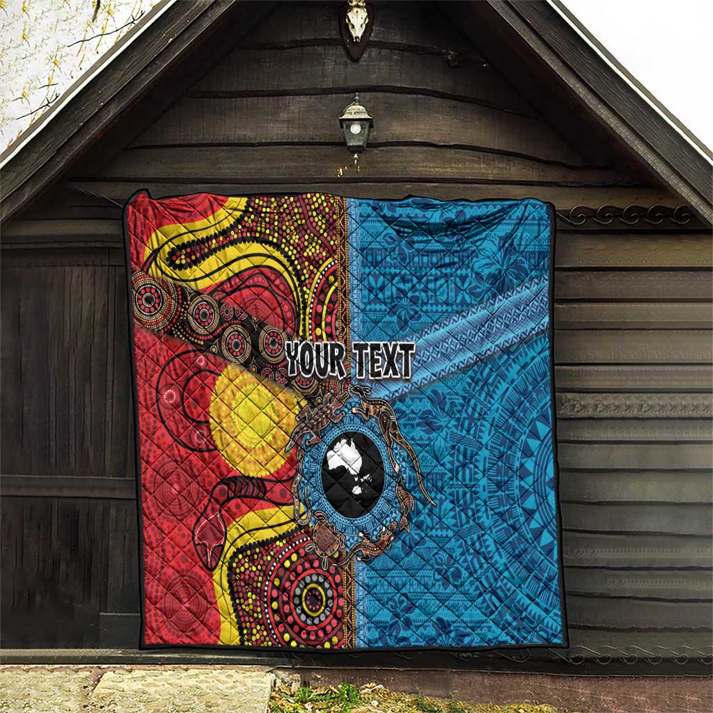 Personalised Australia and Fiji Together Quilt Tribal Palm Tree with Tapa and Aboriginal Animals Half Style