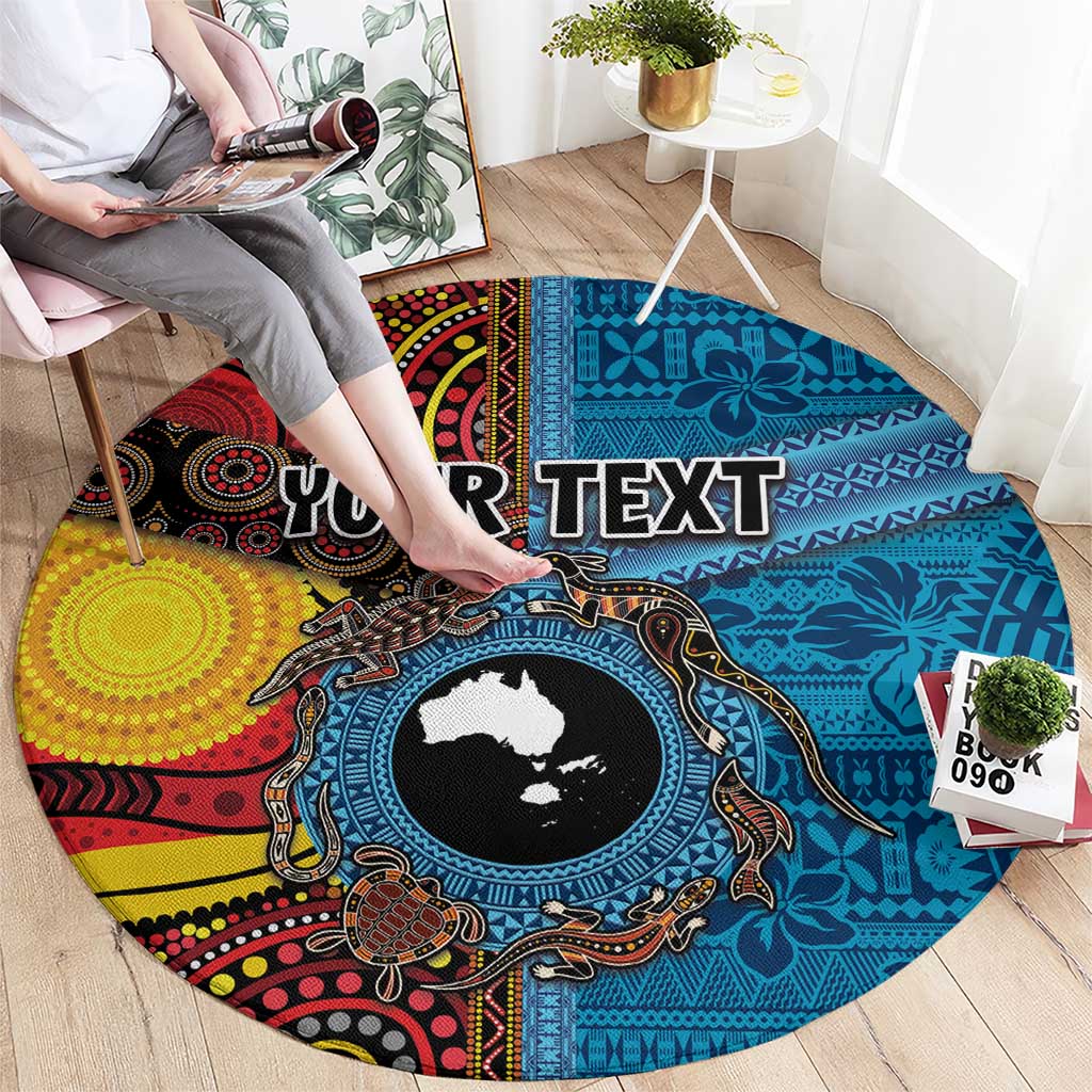 Personalised Australia and Fiji Together Round Carpet Tribal Palm Tree with Tapa and Aboriginal Animals Half Style