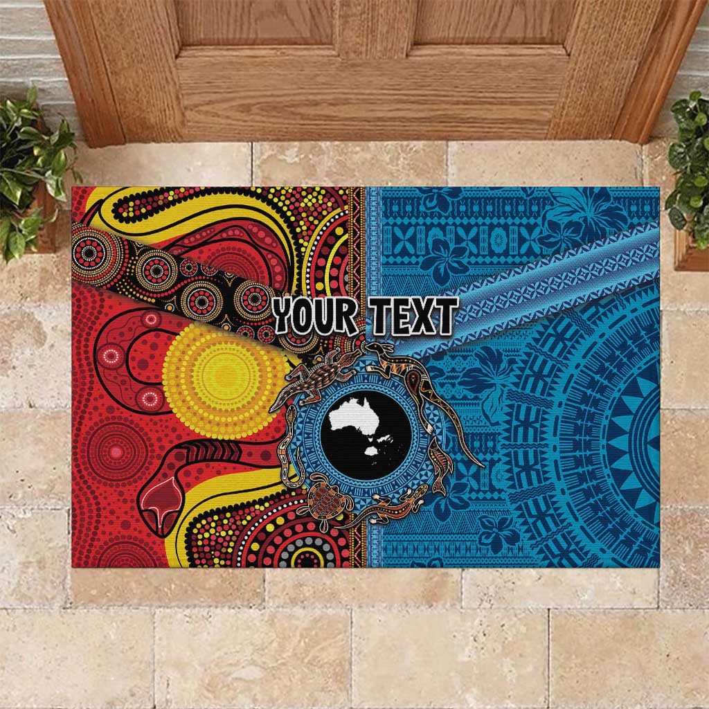 Personalised Australia and Fiji Together Rubber Doormat Tribal Palm Tree with Tapa and Aboriginal Animals Half Style