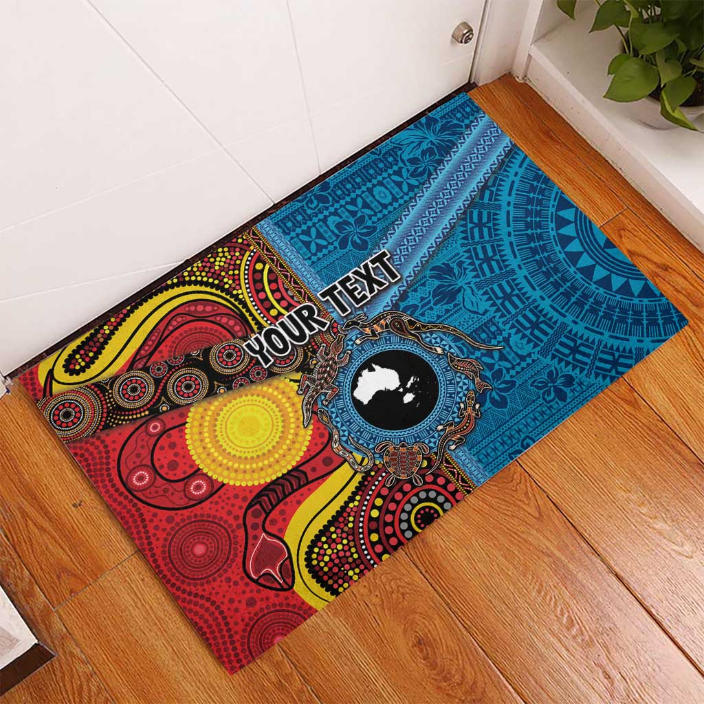 Personalised Australia and Fiji Together Rubber Doormat Tribal Palm Tree with Tapa and Aboriginal Animals Half Style