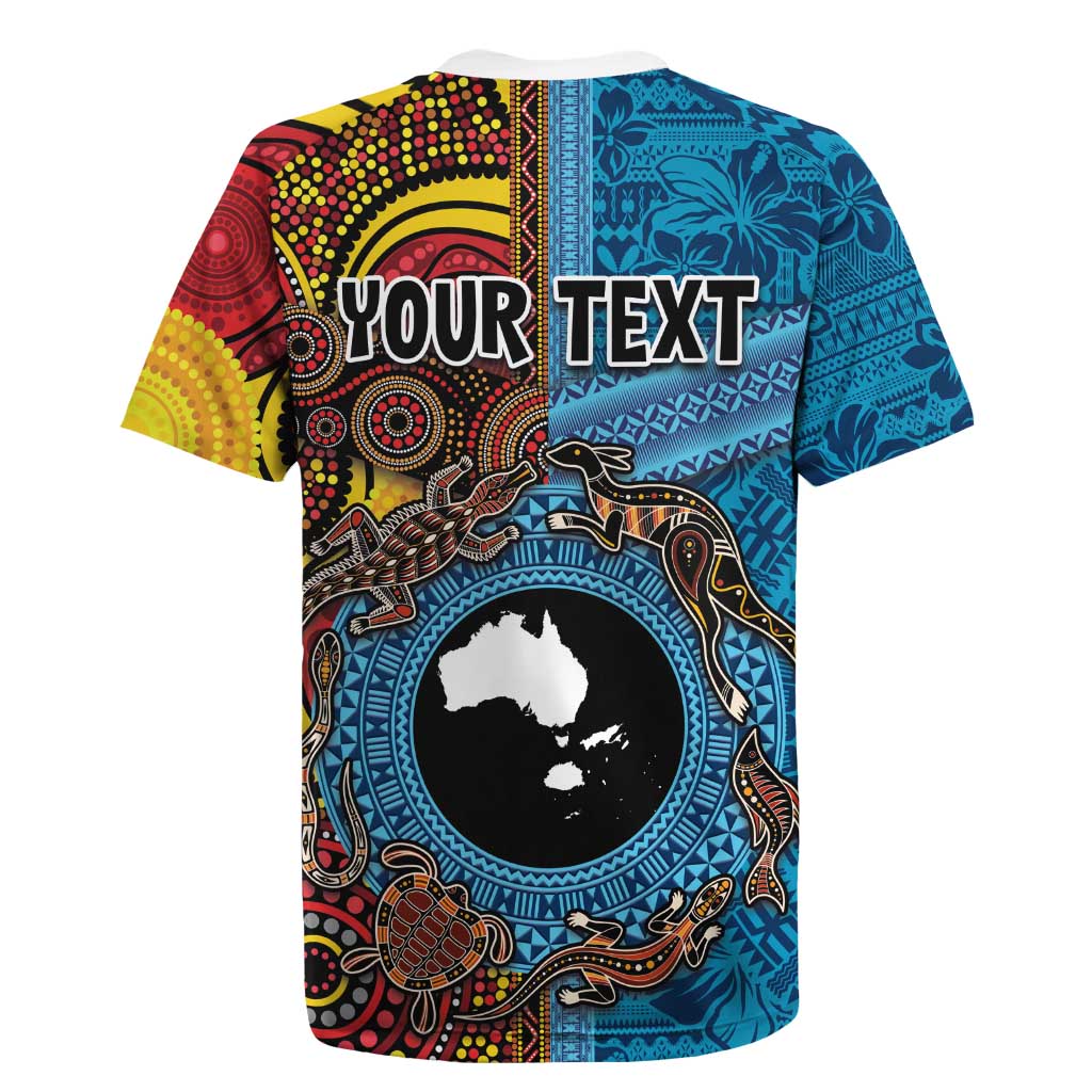 Personalised Australia and Fiji Together Rugby Jersey Tribal Palm Tree with Tapa and Aboriginal Animals Half Style