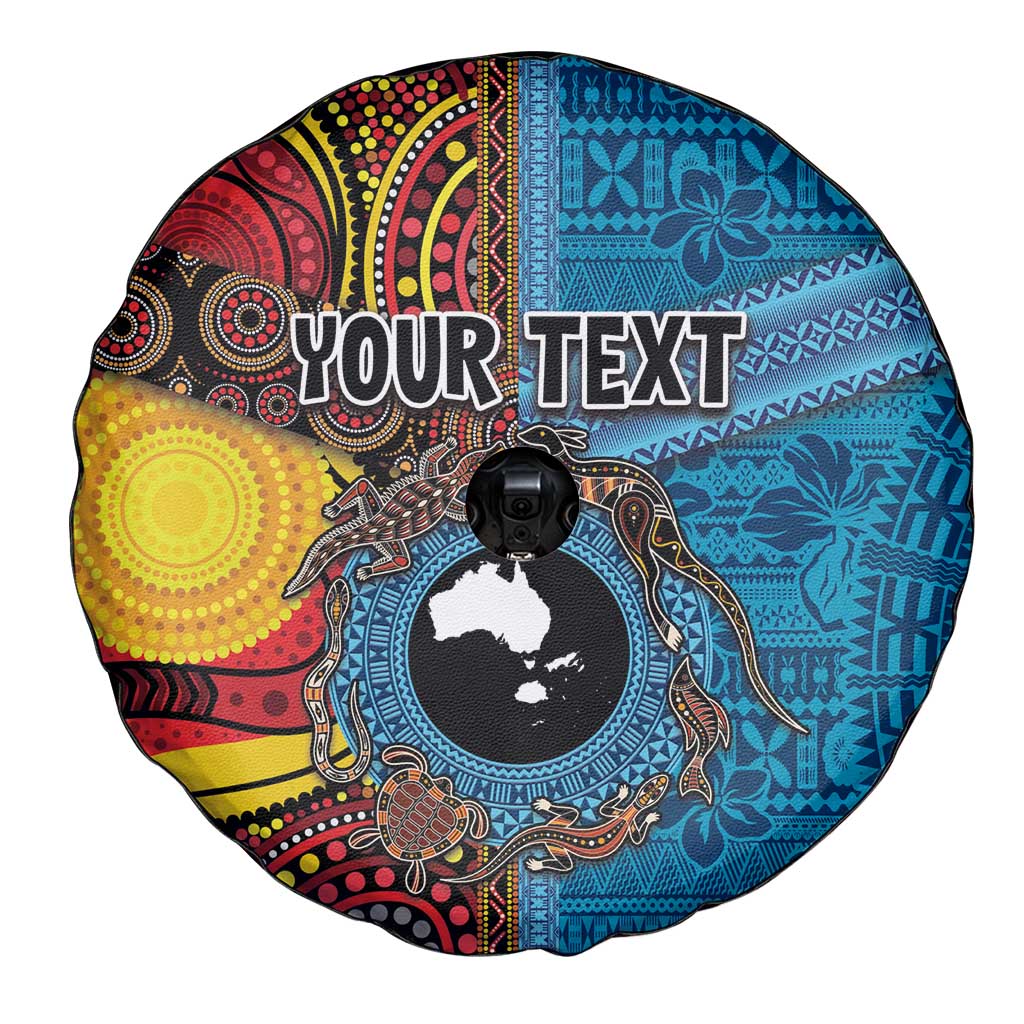Personalised Australia and Fiji Together Spare Tire Cover Tribal Palm Tree with Tapa and Aboriginal Animals Half Style
