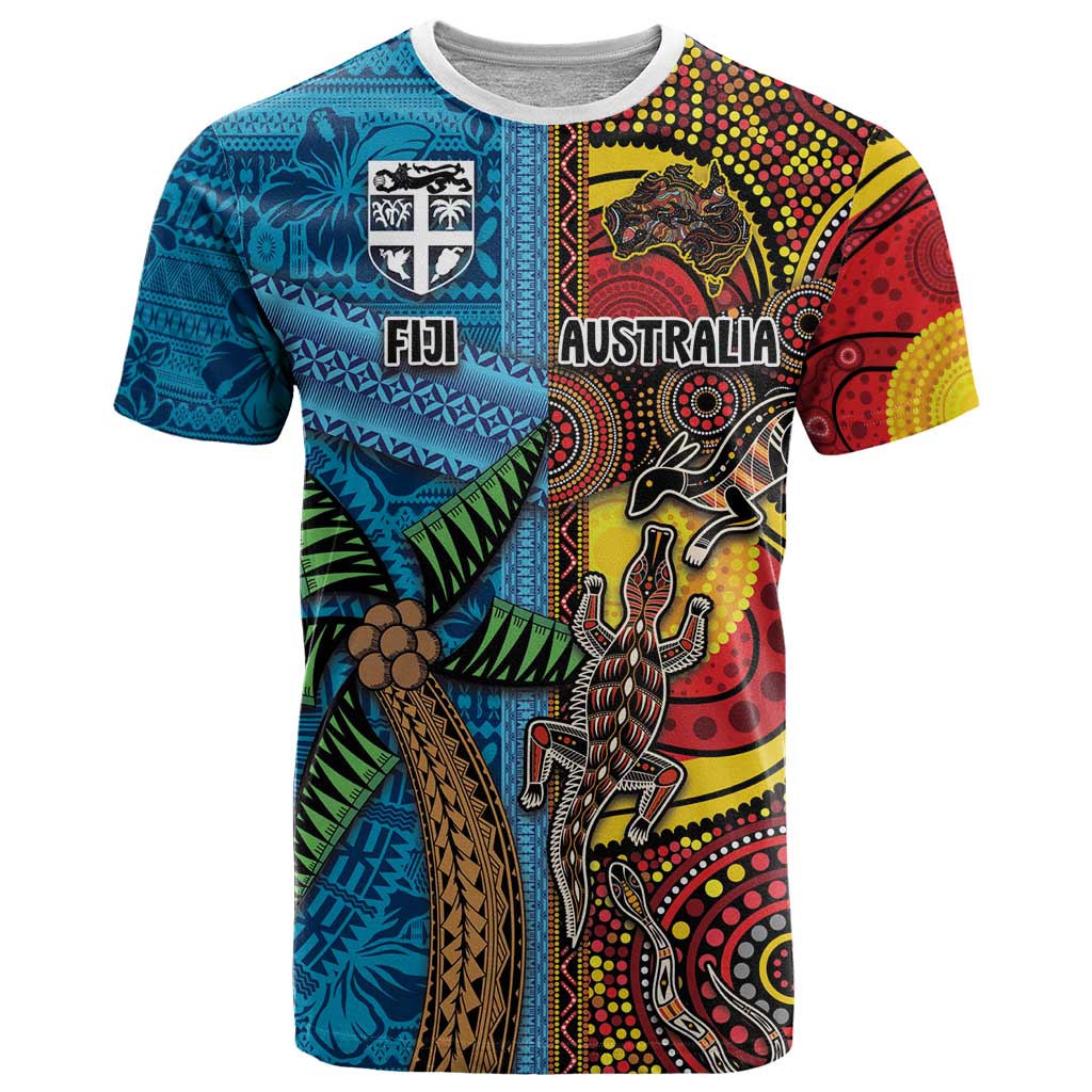 Personalised Australia and Fiji Together T Shirt Tribal Palm Tree with Tapa and Aboriginal Animals Half Style