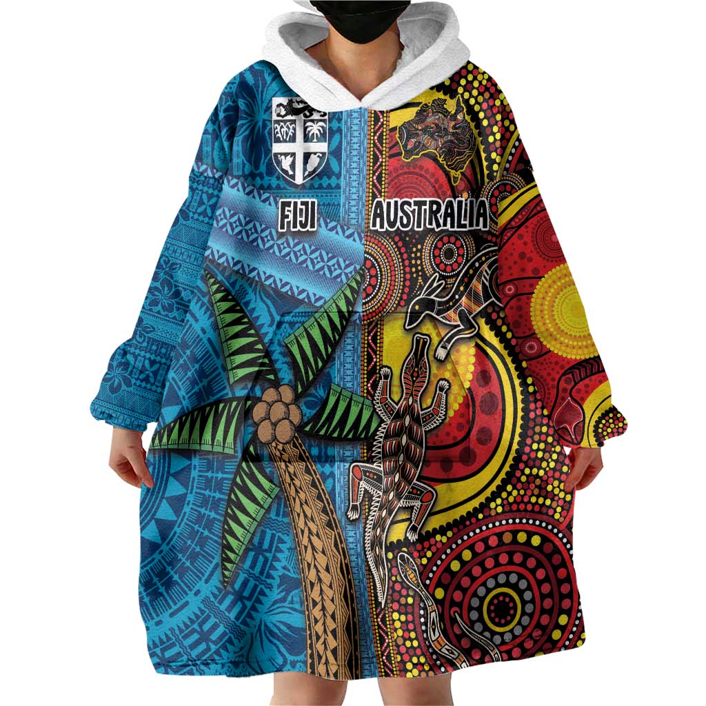Personalised Australia and Fiji Together Wearable Blanket Hoodie Tribal Palm Tree with Tapa and Aboriginal Animals Half Style