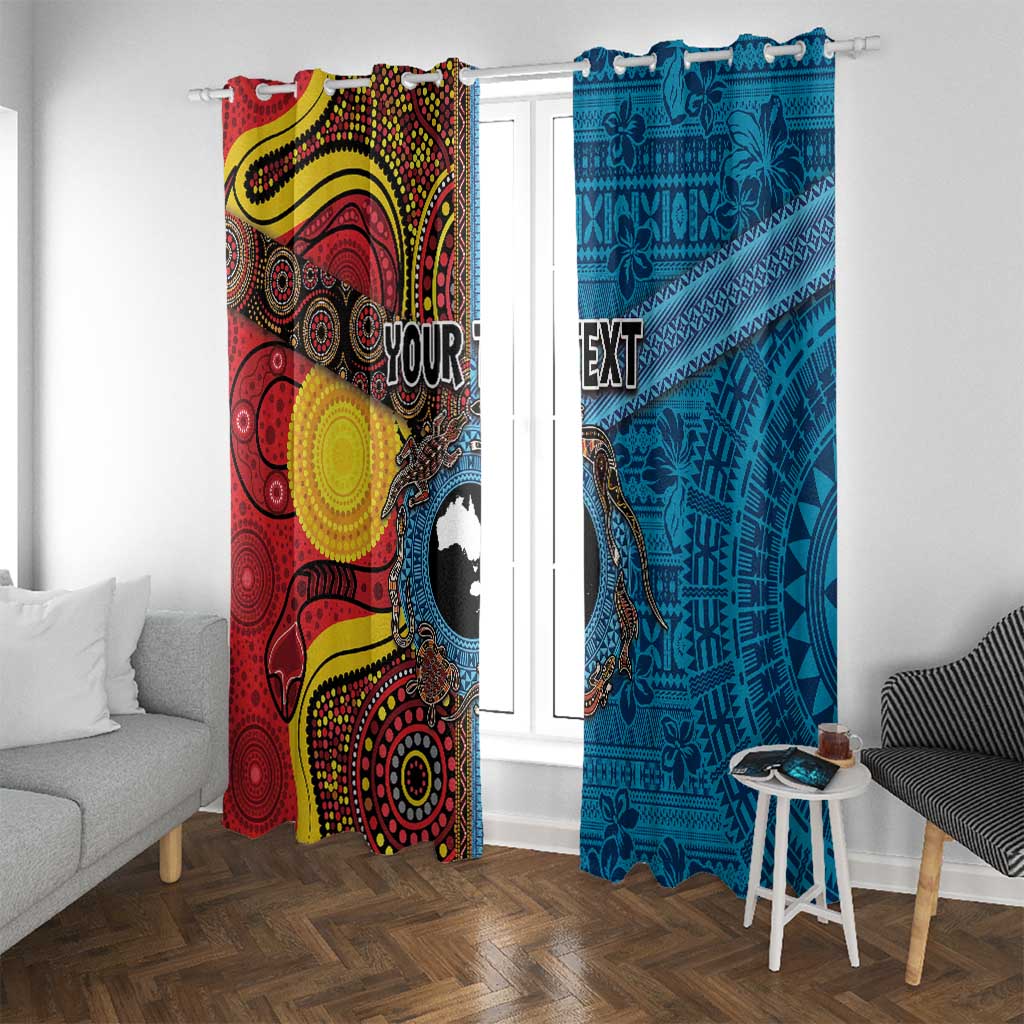Personalised Australia and Fiji Together Window Curtain Tribal Palm Tree with Tapa and Aboriginal Animals Half Style