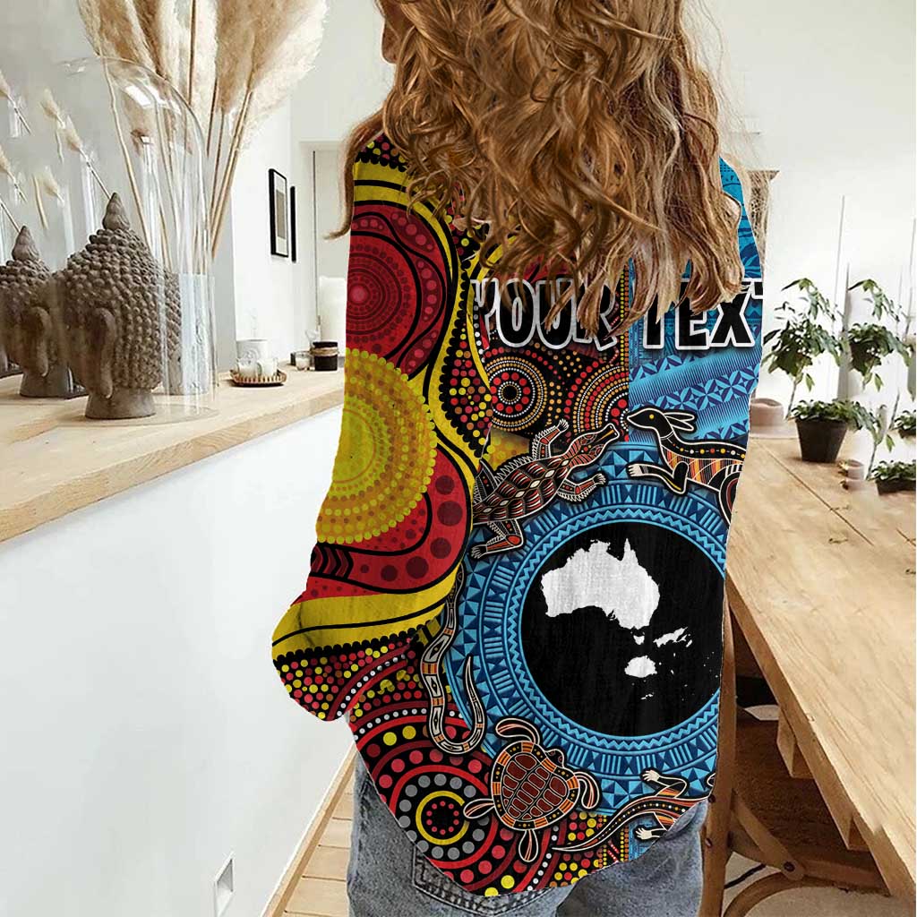 Personalised Australia and Fiji Together Women Casual Shirt Tribal Palm Tree with Tapa and Aboriginal Animals Half Style