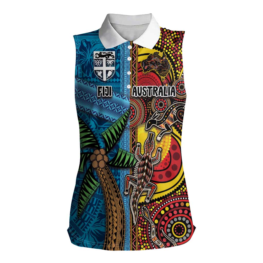 Personalised Australia and Fiji Together Women Sleeveless Polo Shirt Tribal Palm Tree with Tapa and Aboriginal Animals Half Style