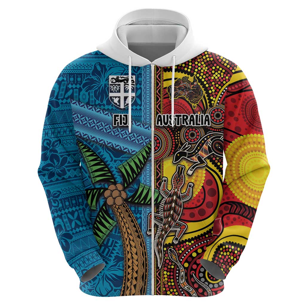 Personalised Australia and Fiji Together Zip Hoodie Tribal Palm Tree with Tapa and Aboriginal Animals Half Style