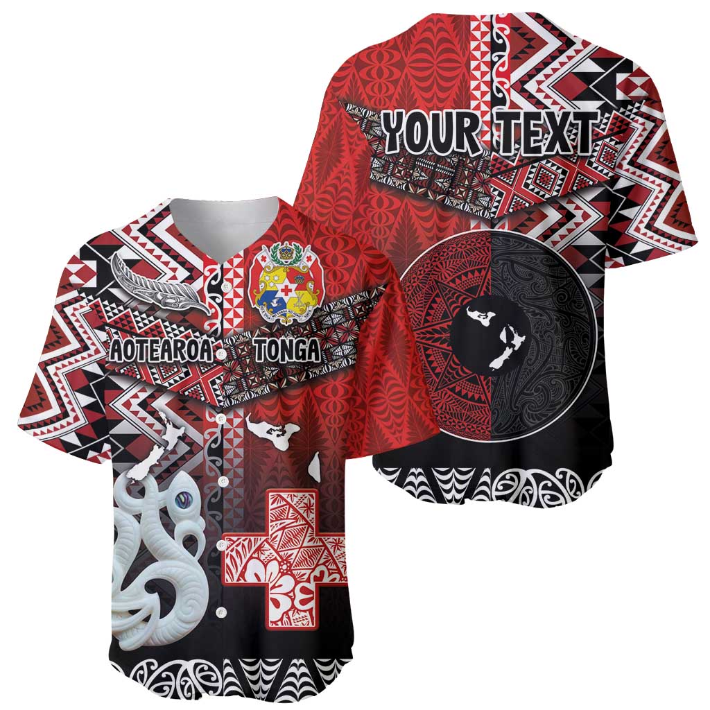 Personalised Aotearoa and Tonga Together Baseball Jersey Manaia and Tongan Tribal Cross - Taniko and Ngatu Art Tattoo
