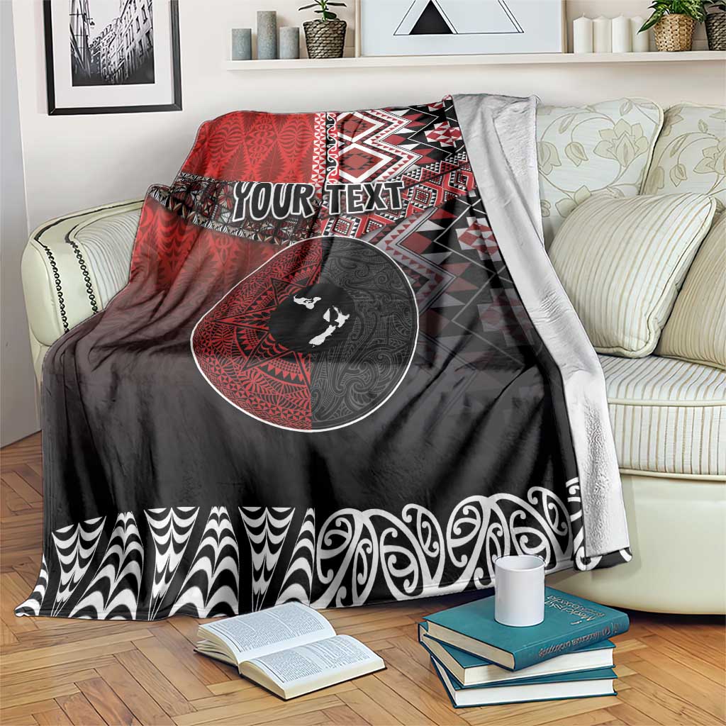 Personalised Aotearoa and Tonga Together Blanket Manaia and Tongan Tribal Cross - Taniko and Ngatu Art Tattoo LT03 Red - Polynesian Pride
