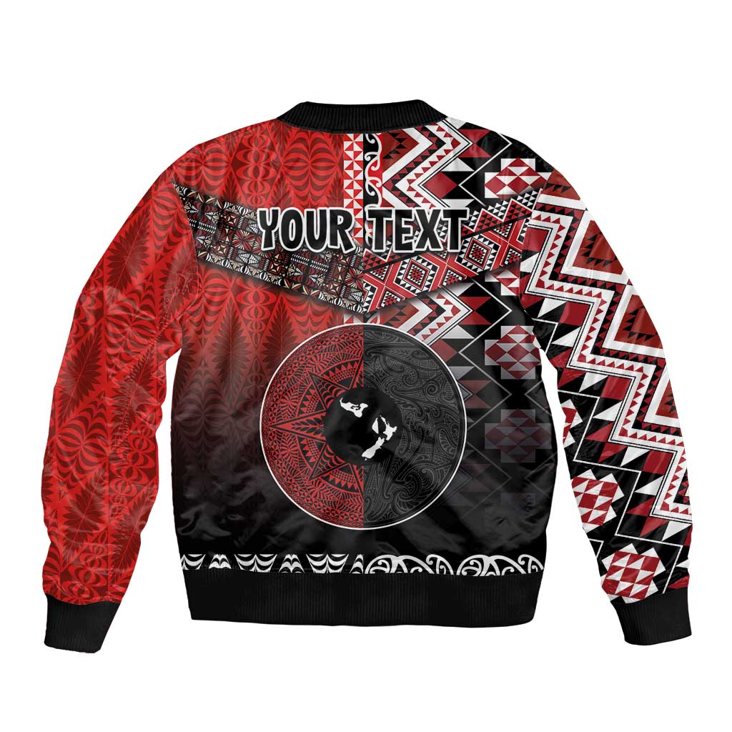 Personalised Aotearoa and Tonga Together Bomber Jacket Manaia and Tongan Tribal Cross - Taniko and Ngatu Art Tattoo